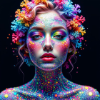 Portrait of a Woman with Colorful Body Paint and Flowers