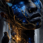 Close-up Digital Painting of Woman with Butterflies and Birds