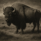 Bison in a Rugged Landscape Under Dramatic Sky