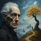 Elderly Man with Blue Eyes and Golden Tree Landscape