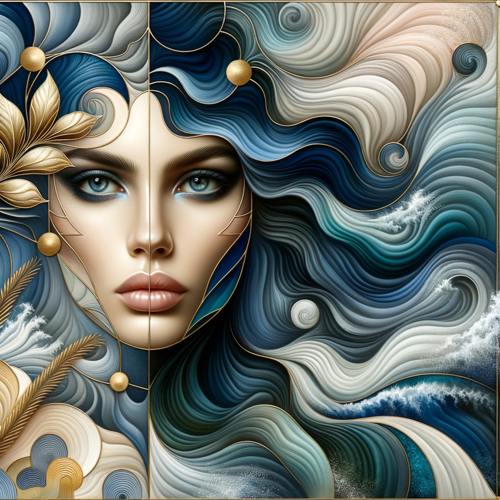 Ethereal Woman's Face in Blue and White Waves