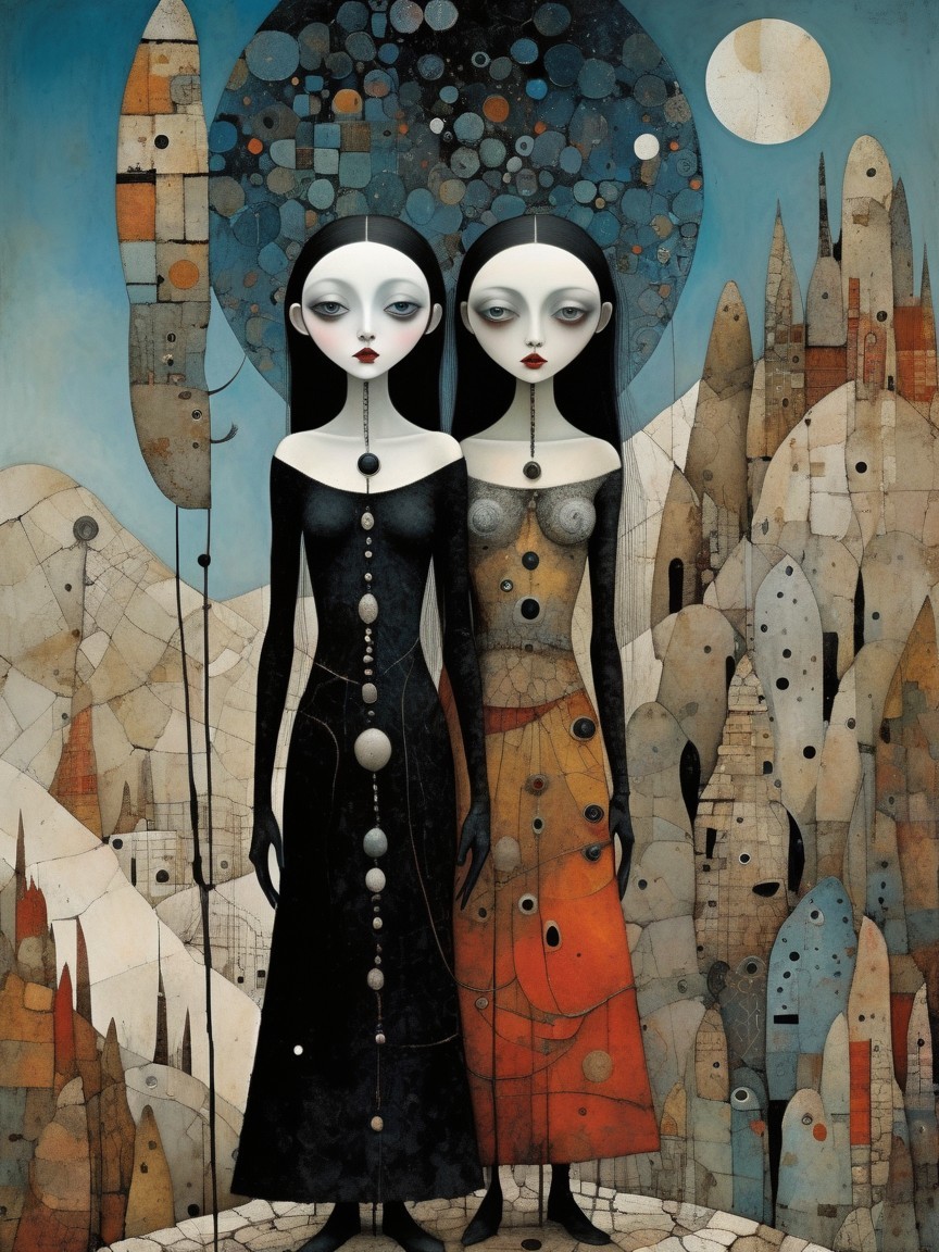 Ethereal Figures in Flowing Dresses Against Vibrant Background