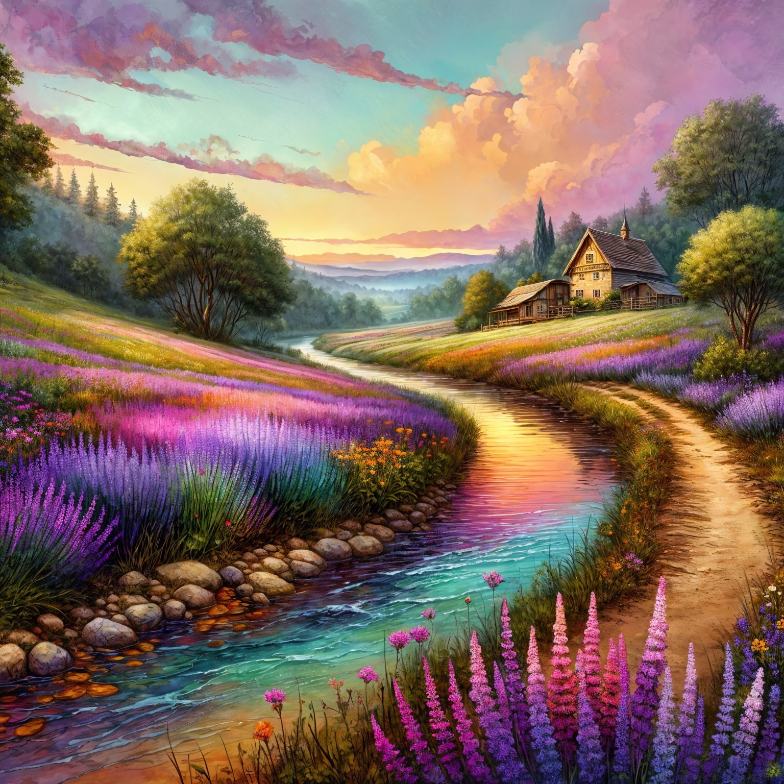Serene Landscape with River, Lavender Fields, and Sunset