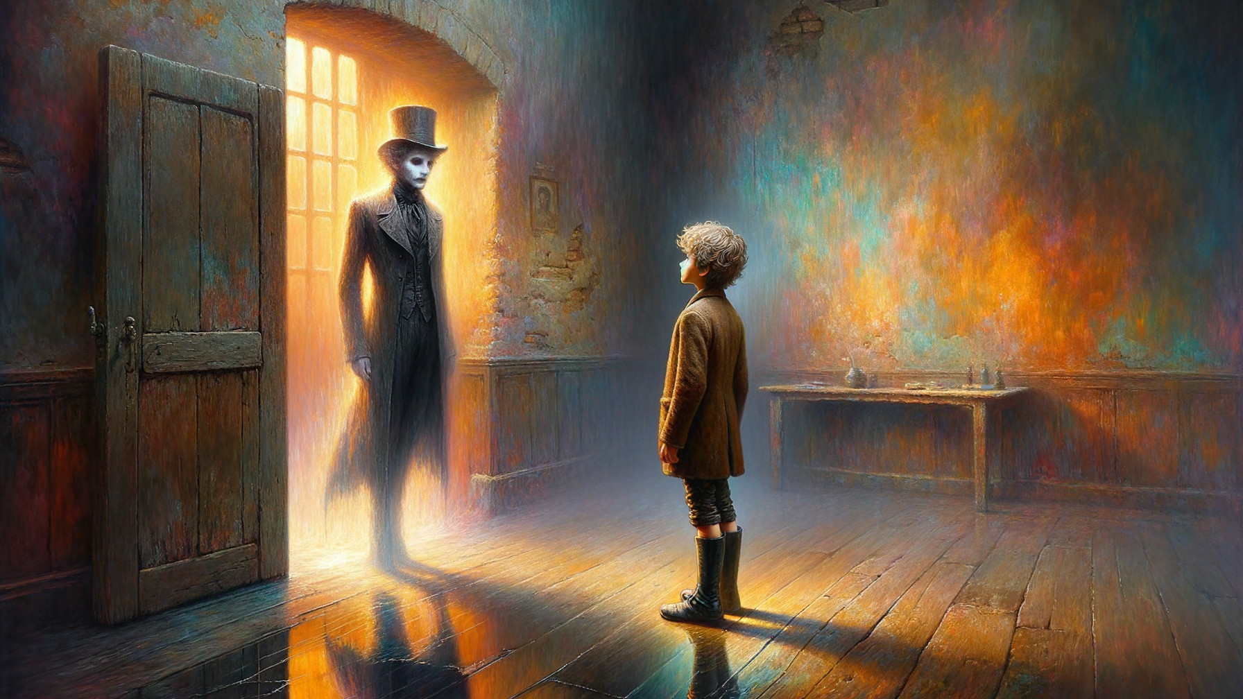 Young boy encounters ghostly figure in dim room