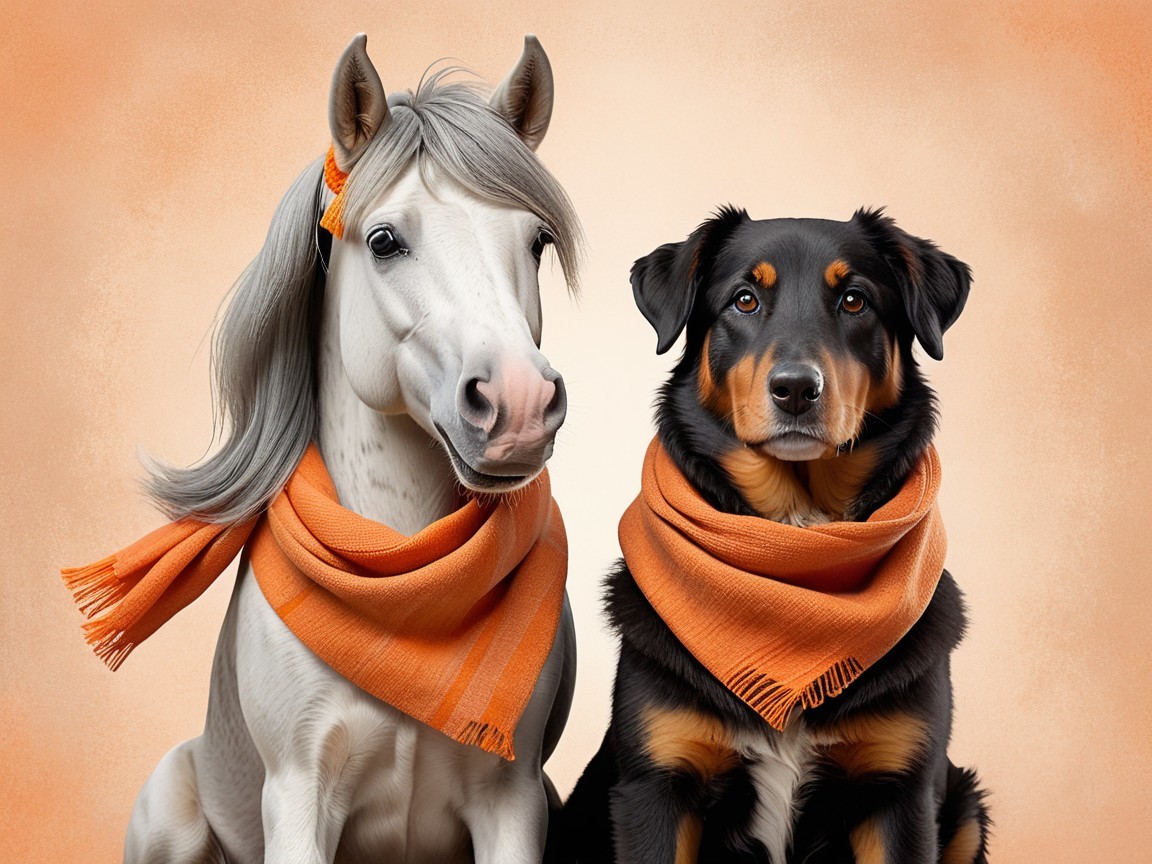 Whimsical Scene of Pony and Dog with Orange Scarves