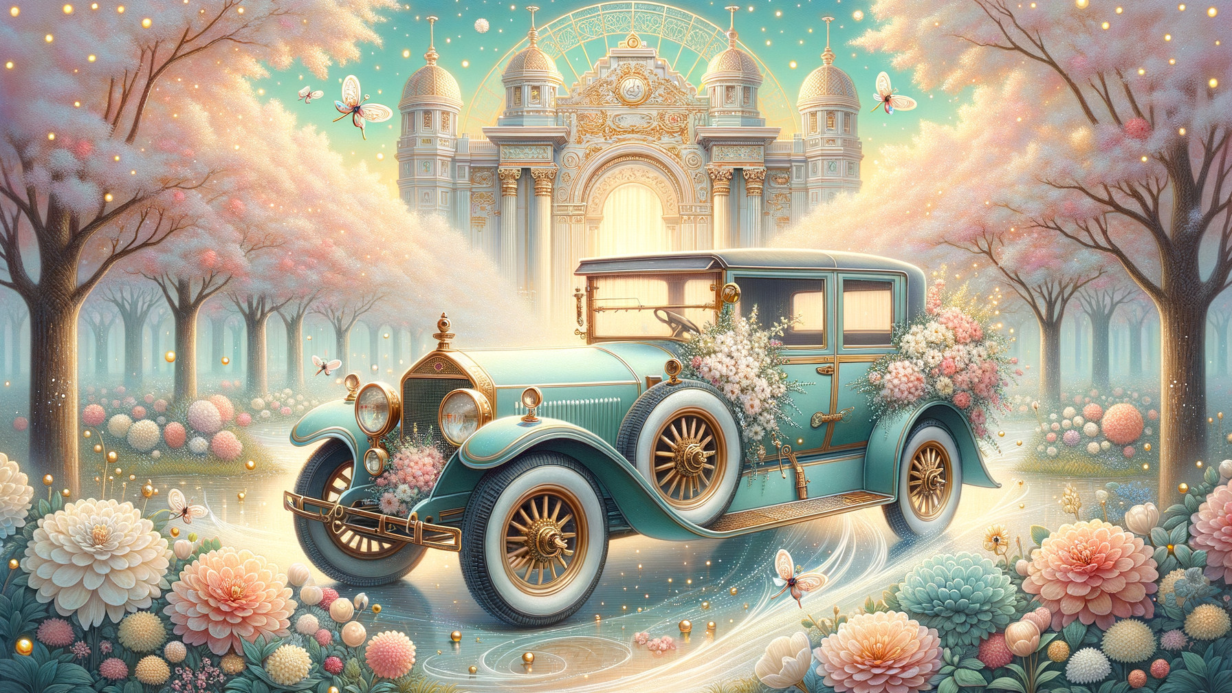 Vintage Car in a Flower-Adorned Dreamy Garden