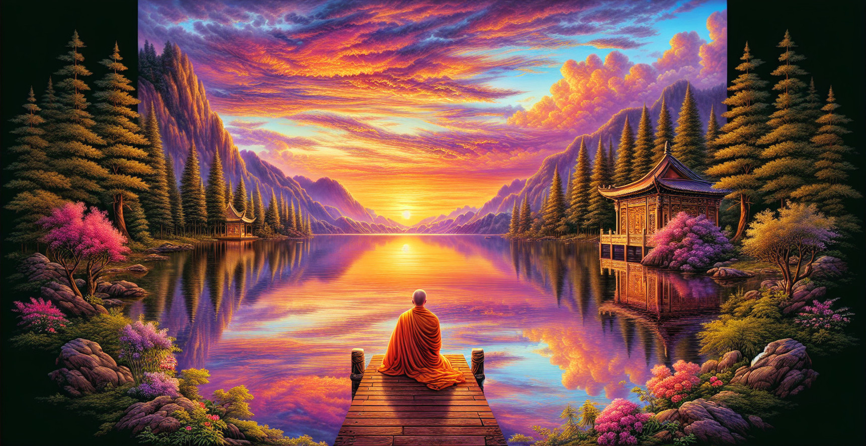 Monk on Dock at Sunset Over Tranquil Lake Scene