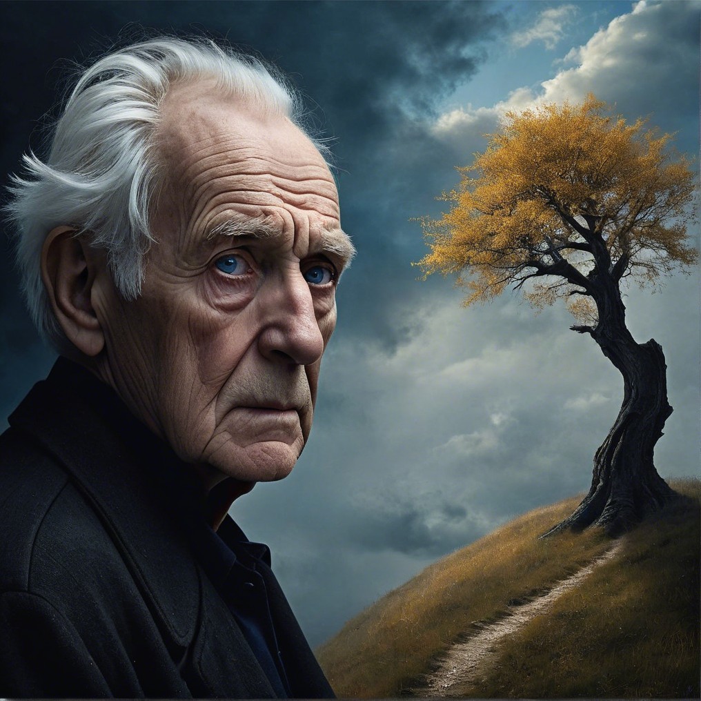 Elderly Man with Blue Eyes and Golden Tree Landscape