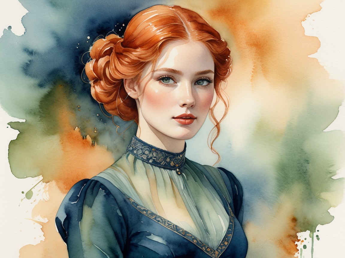 Watercolor Portrait of a Young Woman with Updo Hairstyle