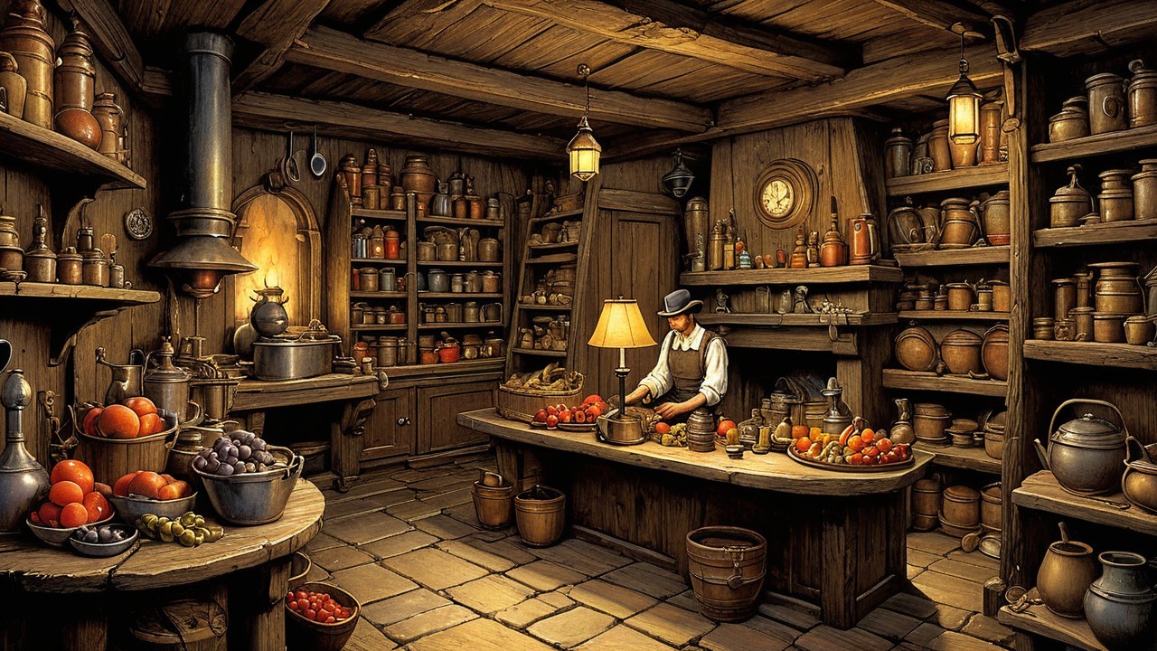 Cozy Rustic Shop with Wooden Shelves and Fresh Produce