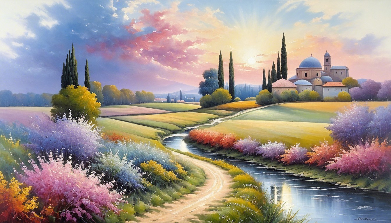 Serene landscape with river, fields, and village at sunrise