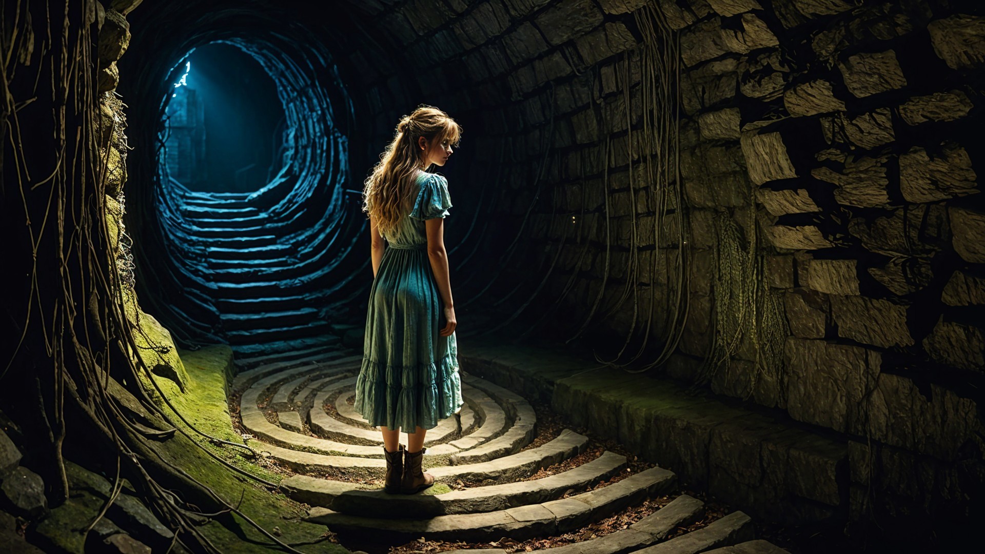 Young girl in vintage blue dress in stone tunnel