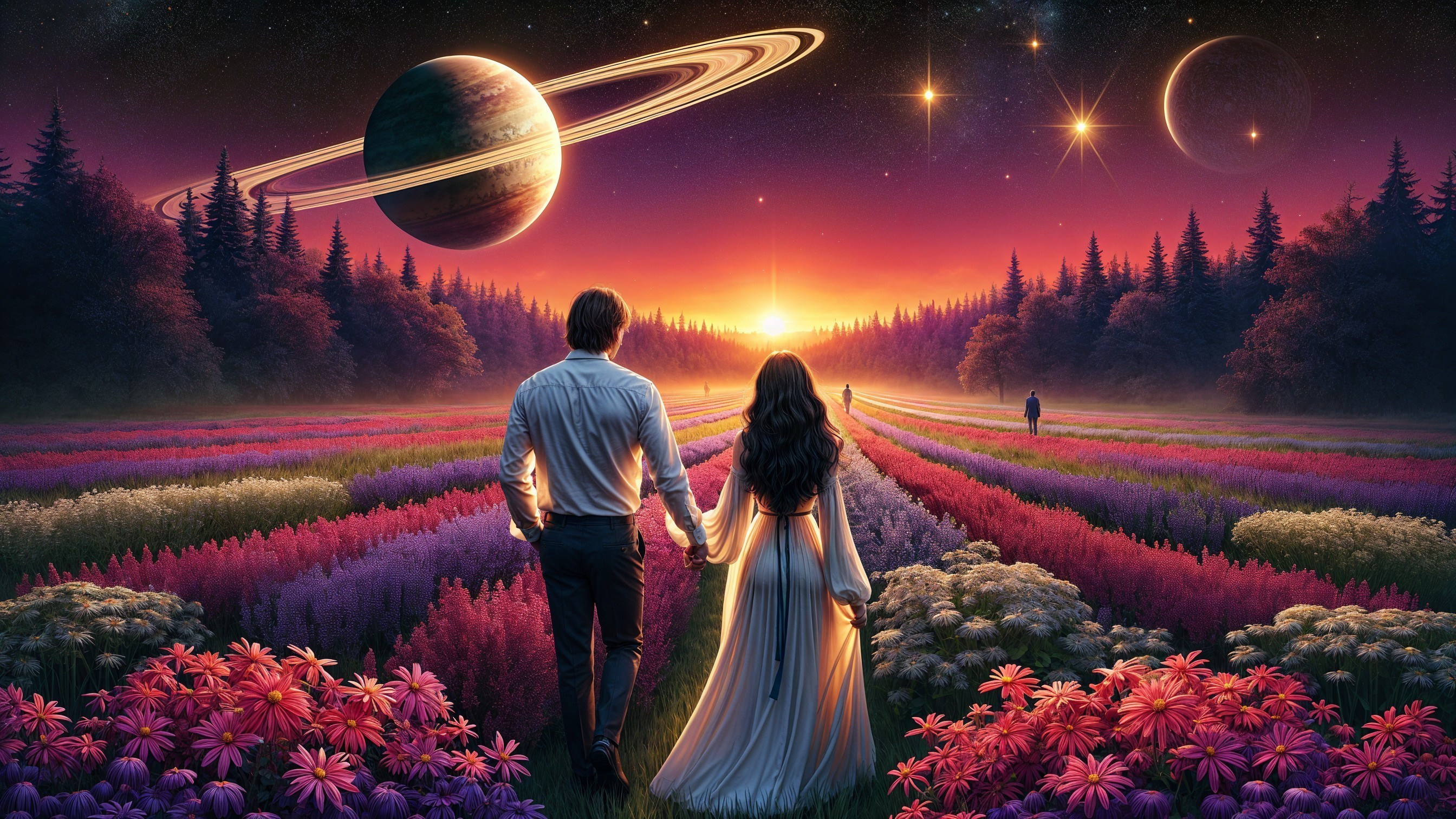 Couple Enjoys Sunset in Colorful Flower Landscape