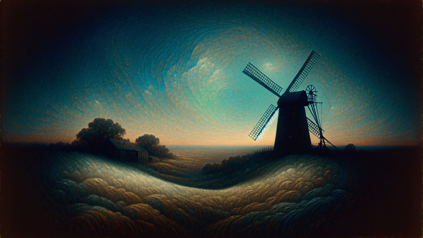 Serene Landscape with Windmill and Farmhouse Silhouette