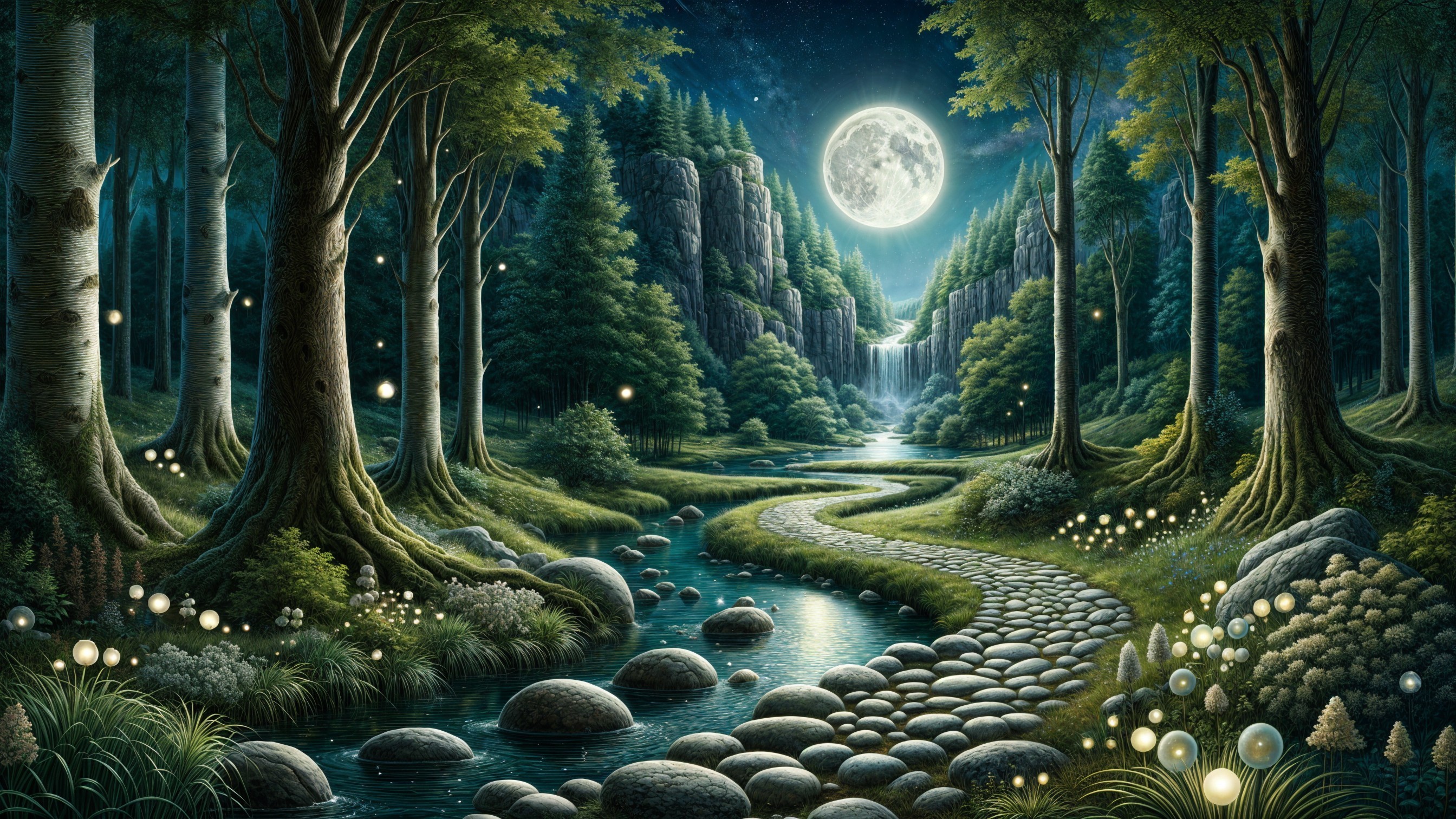 Nighttime Forest Scene with Moonlight and Waterfall