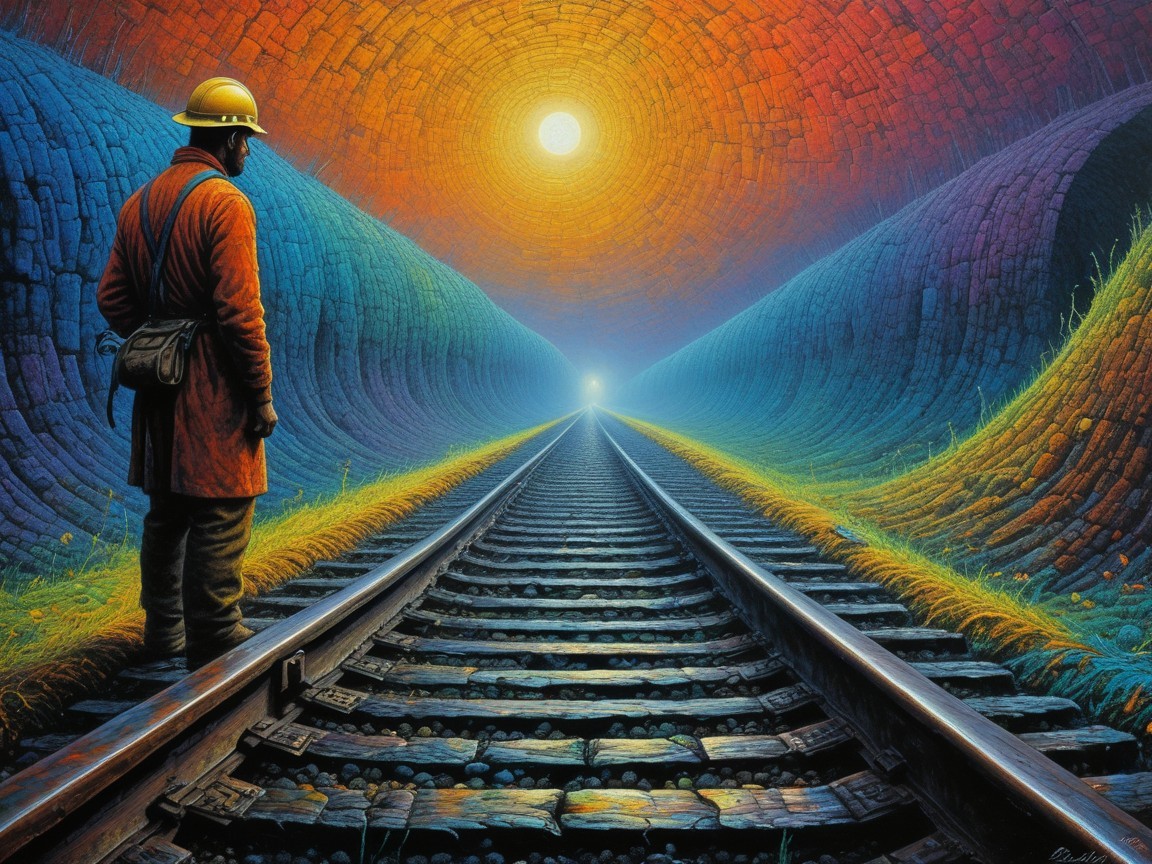 Lone Figure on Railroad Track Against Vibrant Horizon