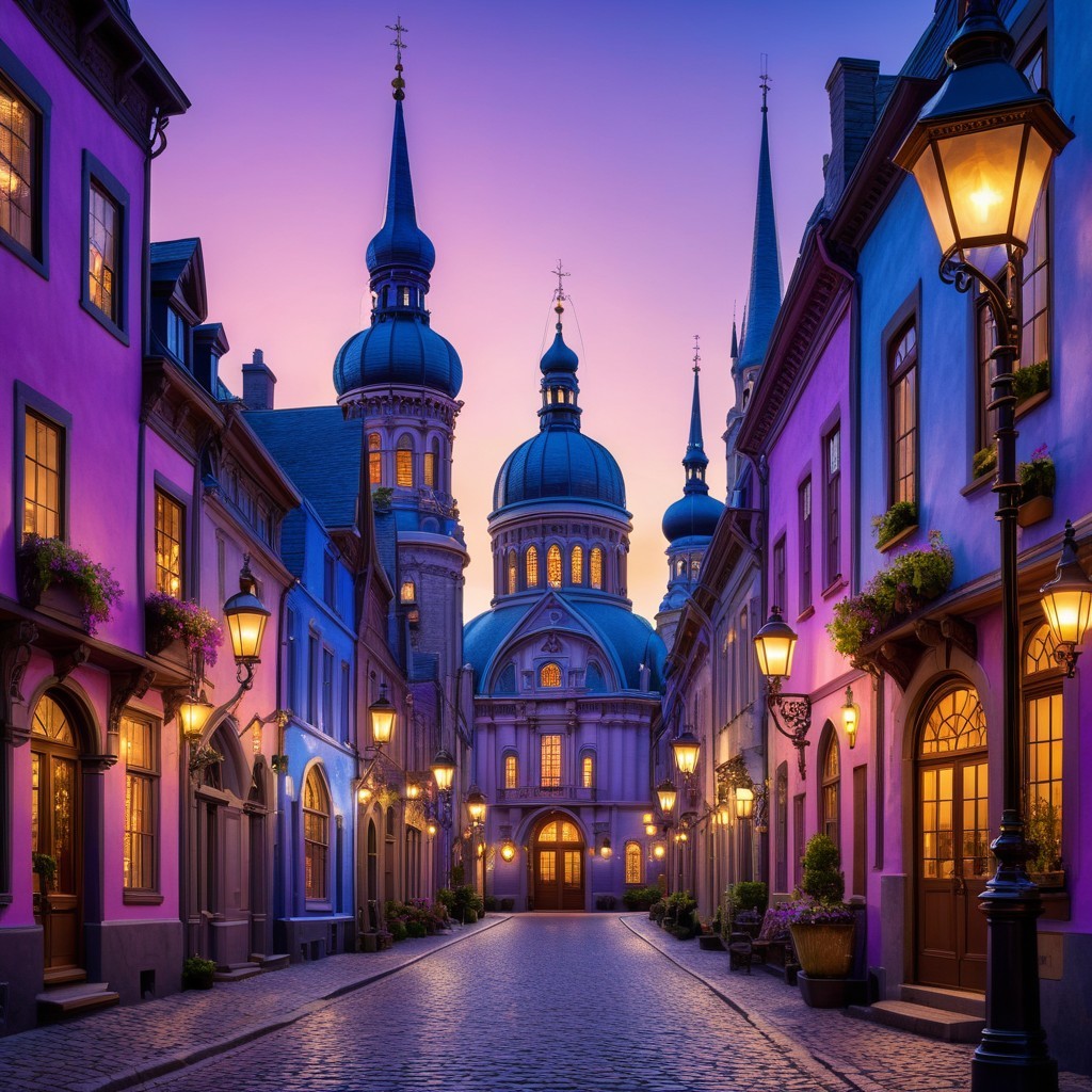 Charming European Street Scene at Dusk with Pastels