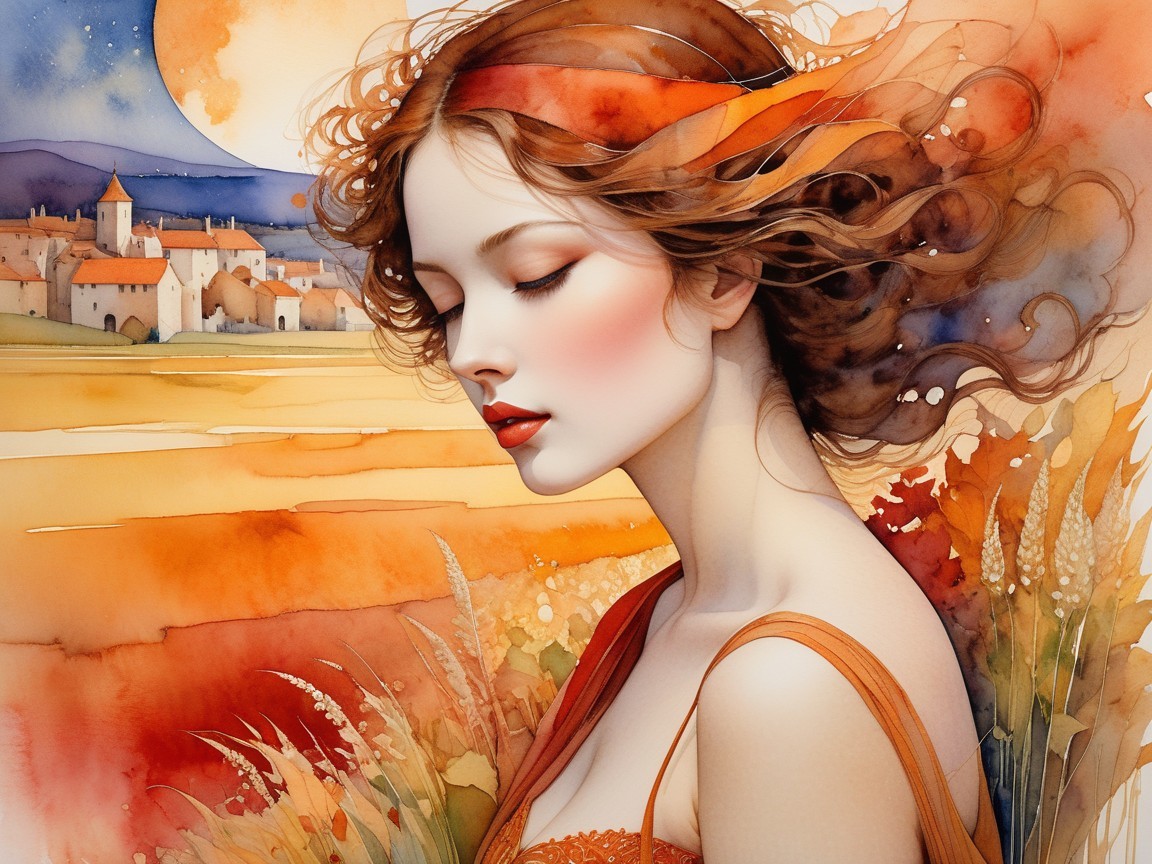 Serene woman in golden fields with quaint village backdrop