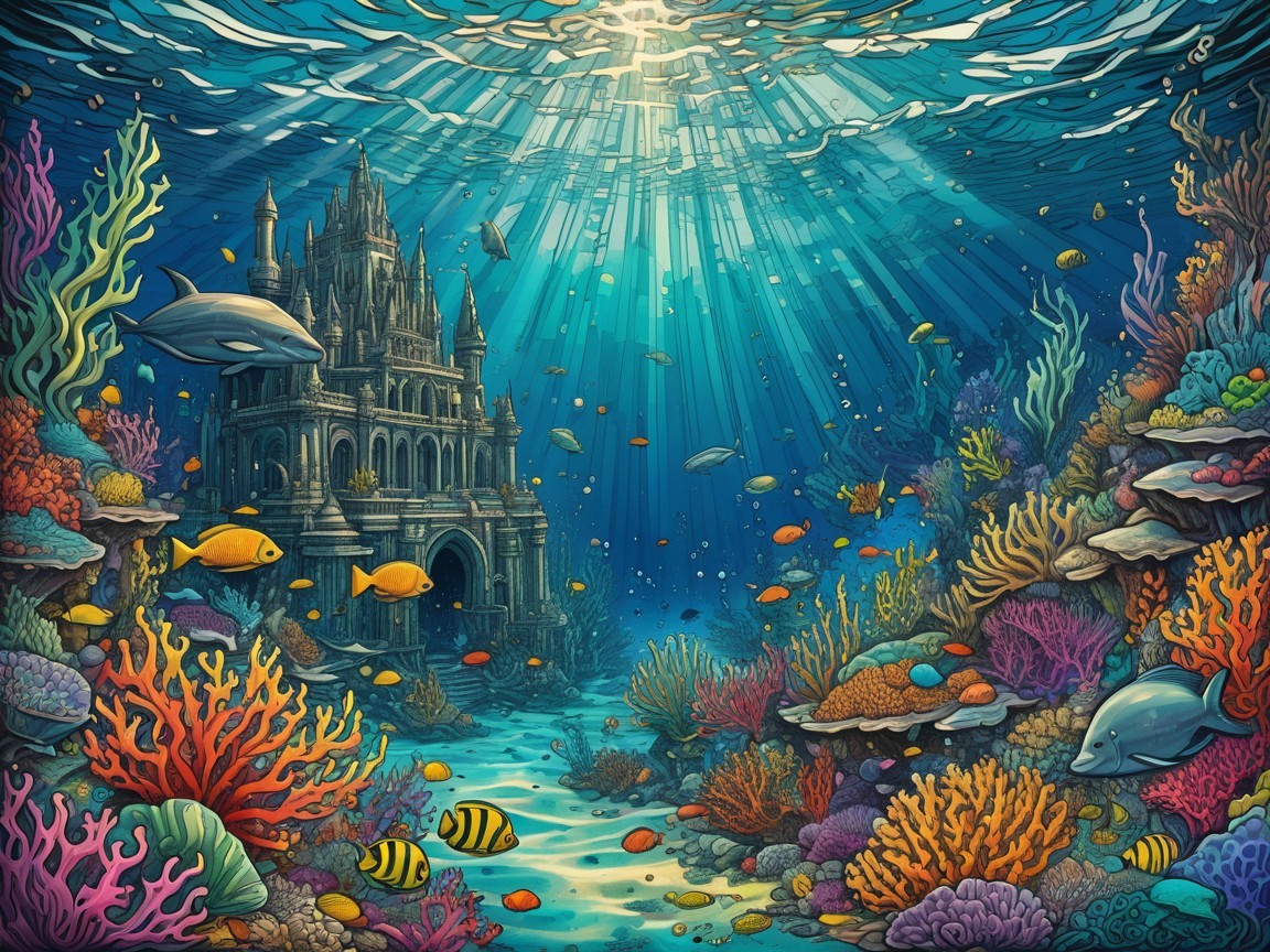 Underwater Castle Surrounded by Coral Reefs and Fish