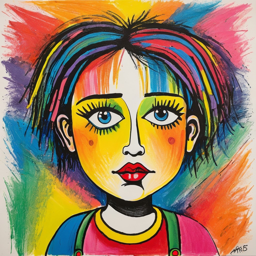 Vibrant Cartoon Portrait of a Girl with Colorful Hair