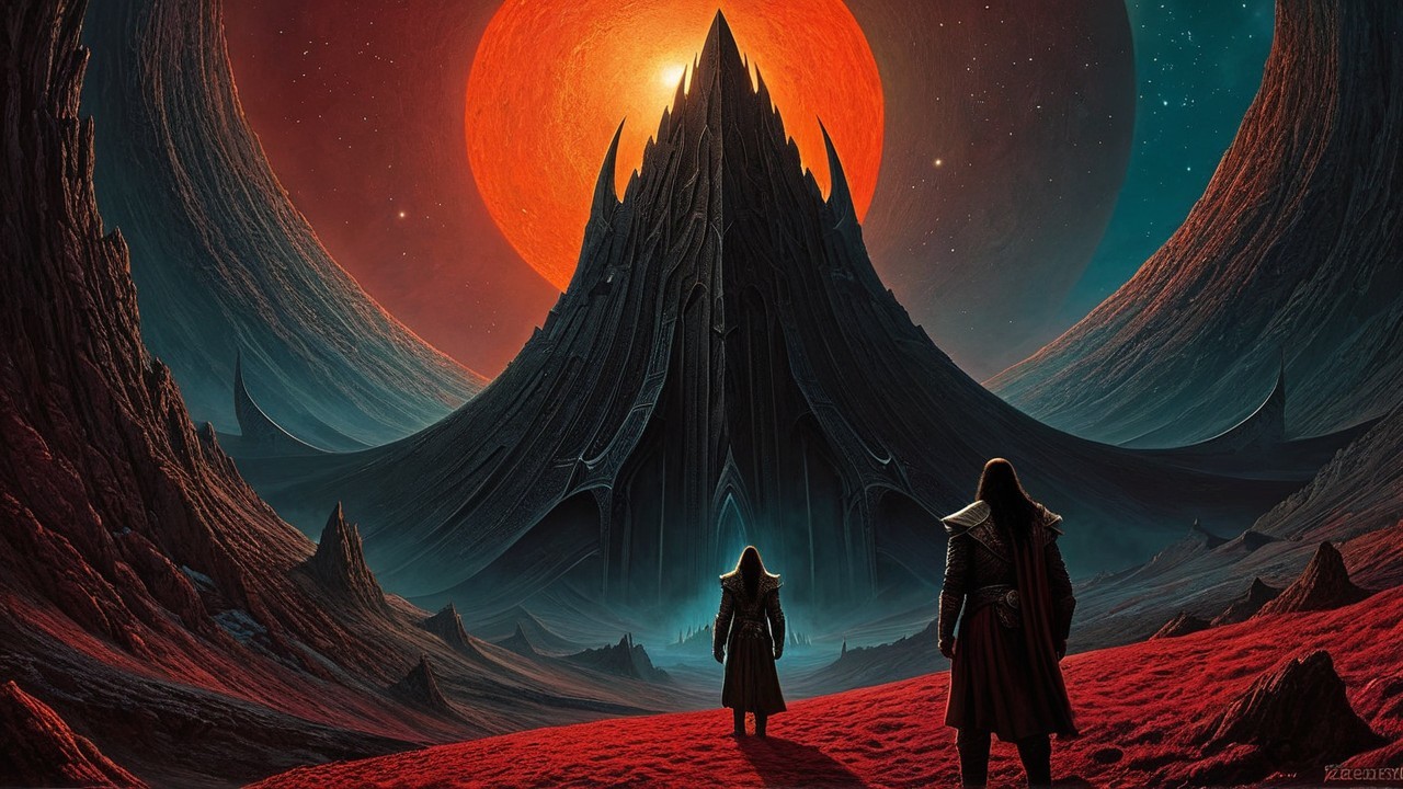 Robed Figures in Alien Landscape with Orange Celestial Body