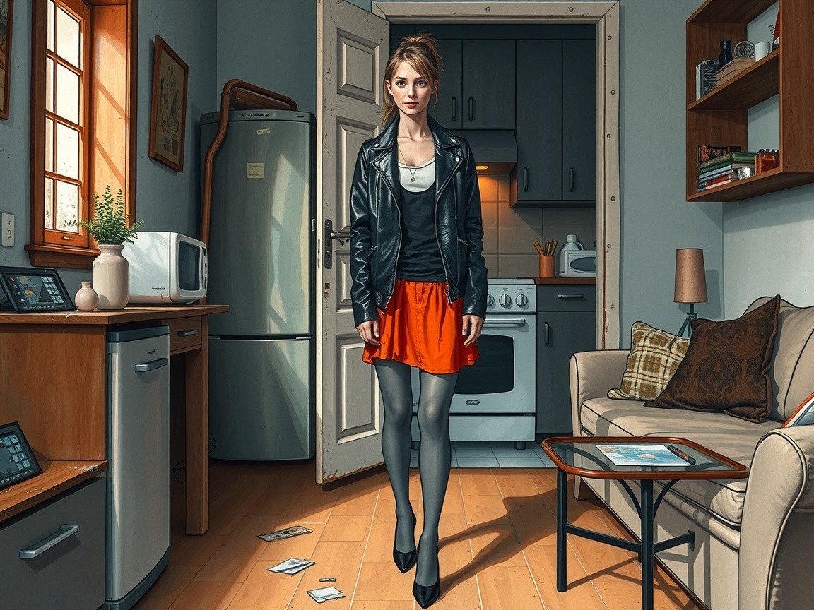 Young Woman in Stylish Outfit in Cozy Kitchen Setting