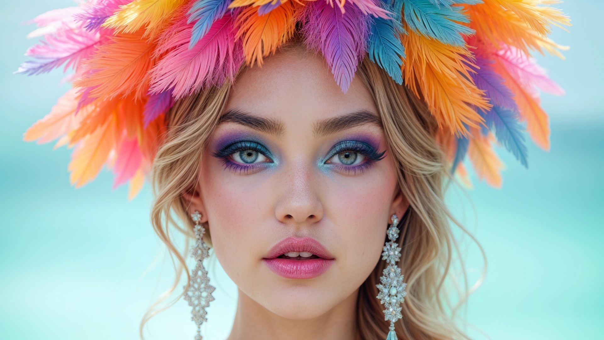 Portrait of a Young Woman with Colorful Feathers