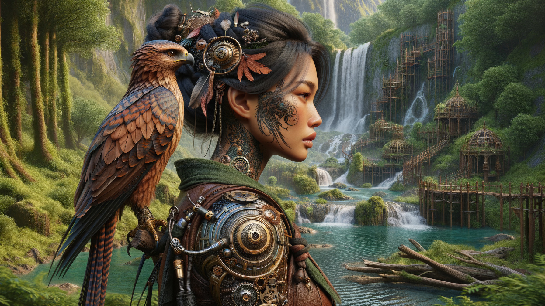 Woman with Tattoos and Steampunk Elements Beside Falcon