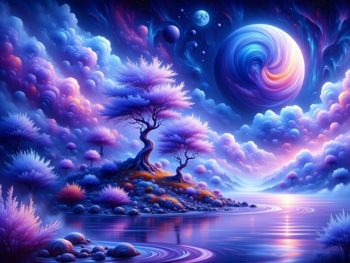 Surreal Landscape with Vibrant Clouds and Cosmic Elements