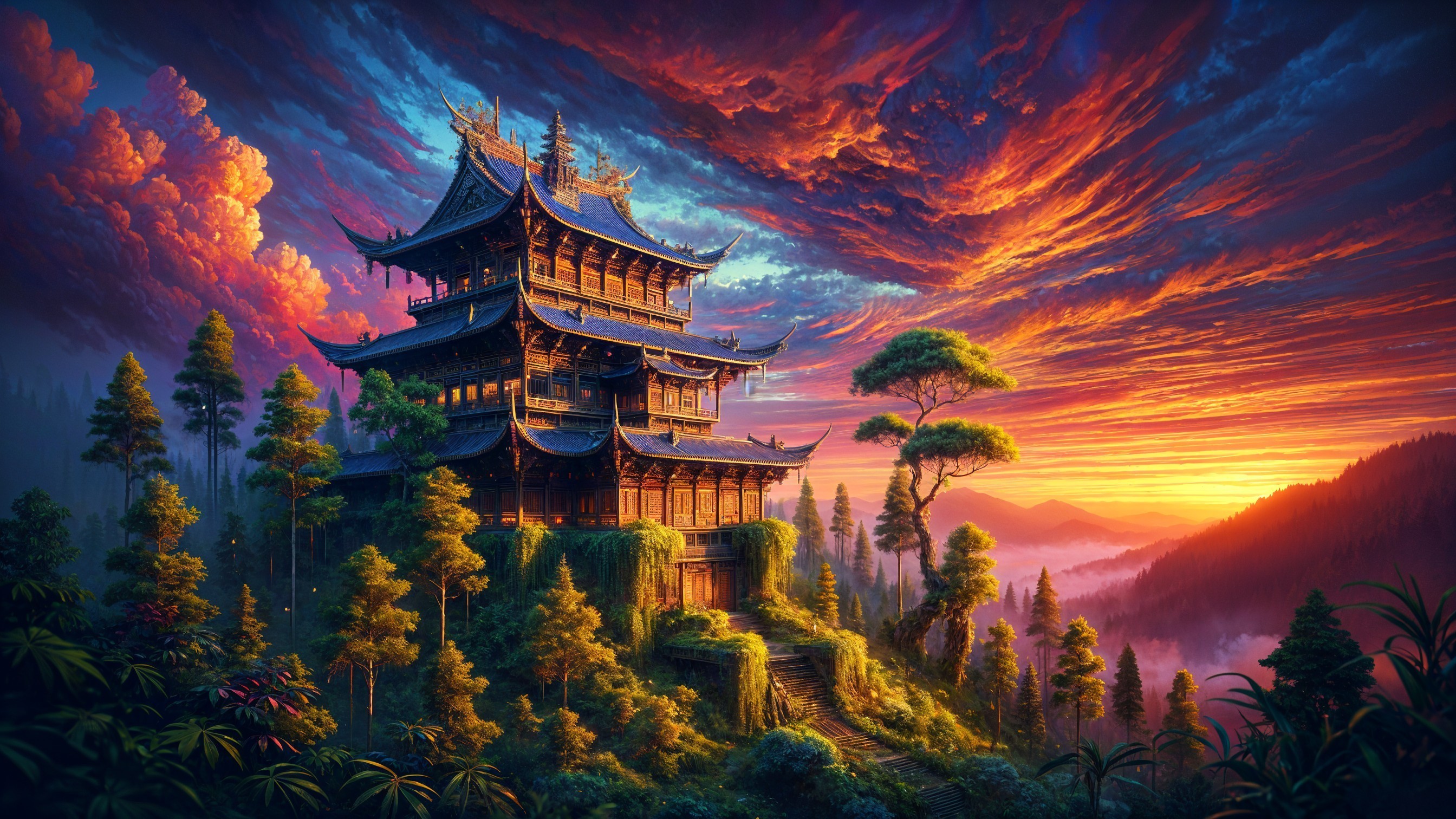 Asian-inspired temple on a hillside at sunset