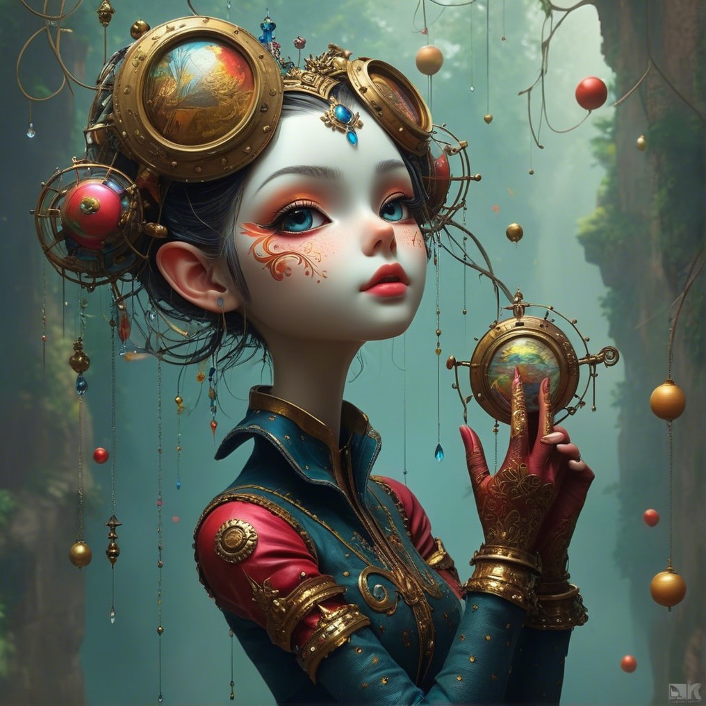 Female figure in steampunk attire in mystical setting