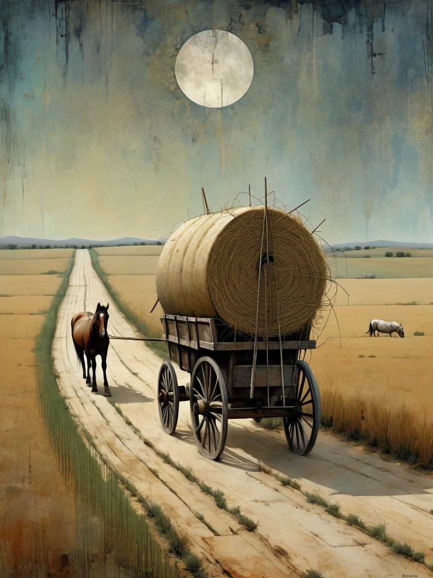 Solitary horse pulling cart on a tranquil rural road