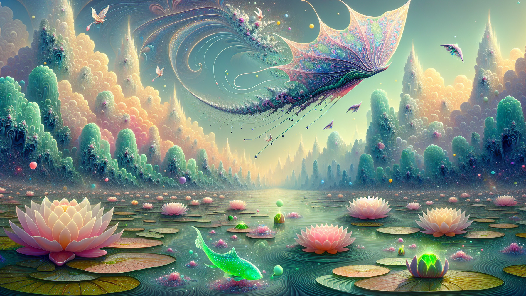 Mystical Landscape with Iridescent Butterfly Creature