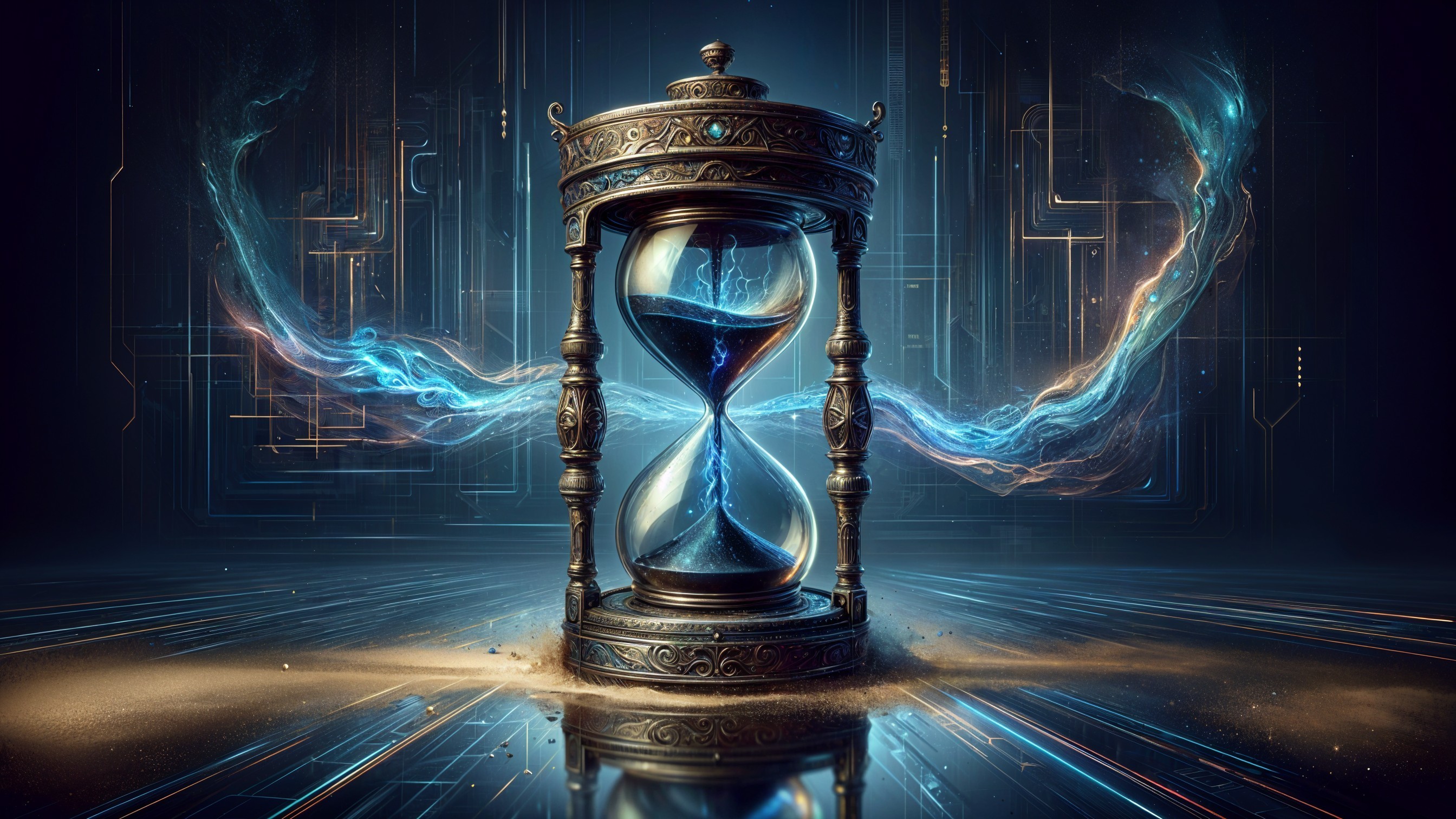 Hourglass with Blue Sand in Futuristic Landscape