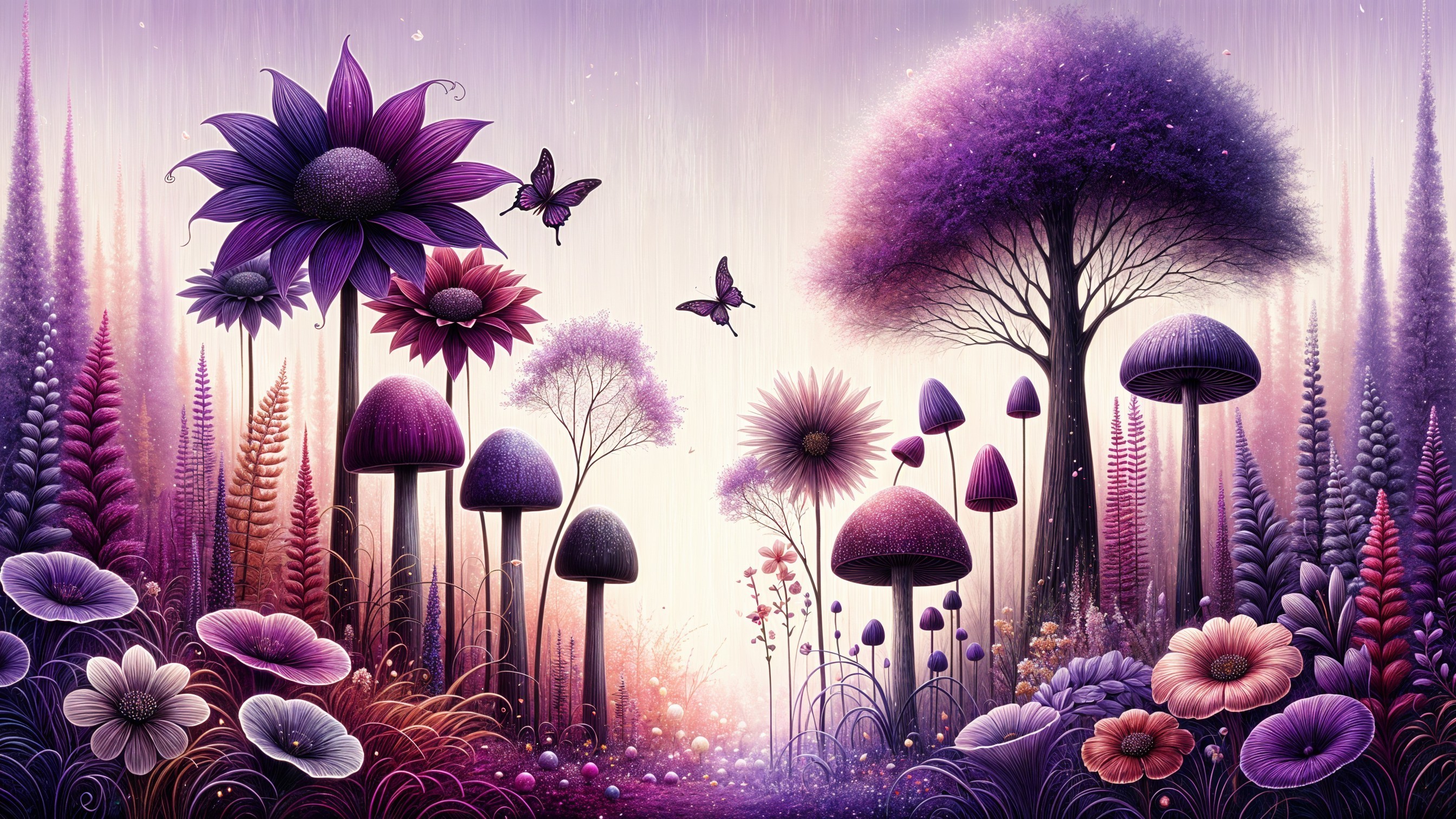 Whimsical Landscape with Vibrant Flora and Butterflies