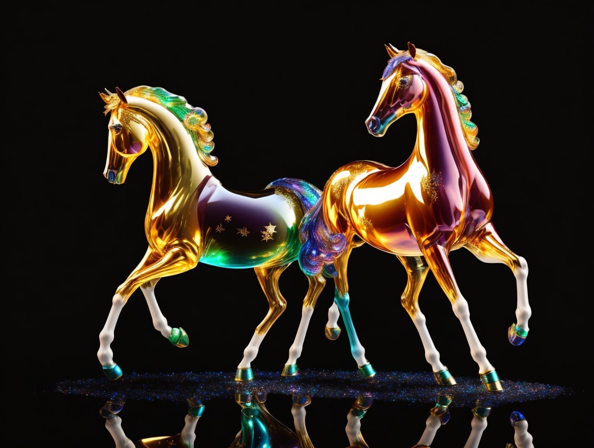 Elegant Glossy Horses Dancing in Cosmic Colors