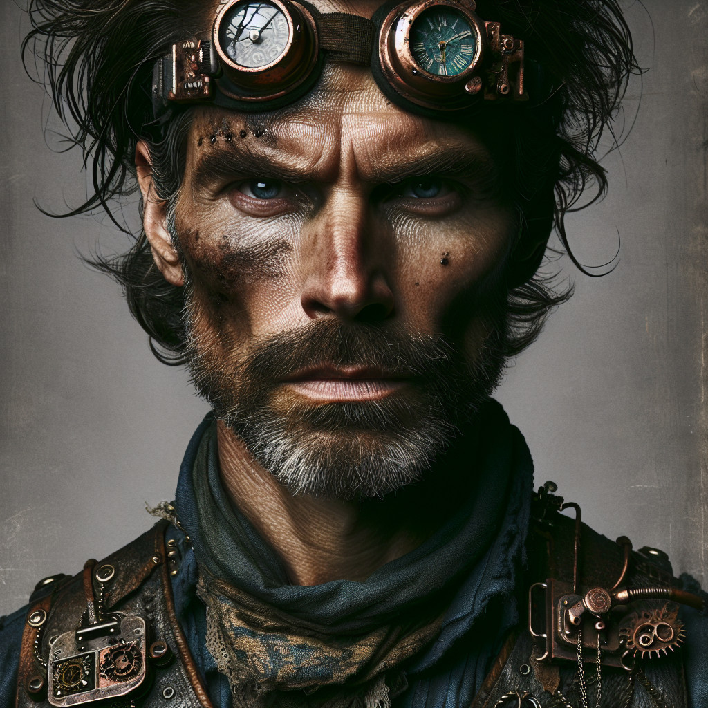 Rugged Steampunk Character with Vintage Goggles and Beard