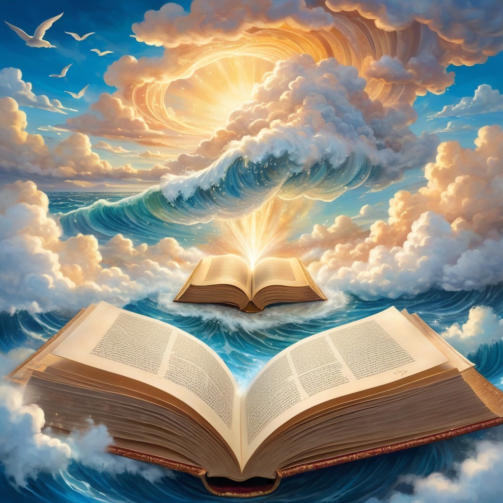 Floating Books Above Vibrant Ocean Waves and Clouds
