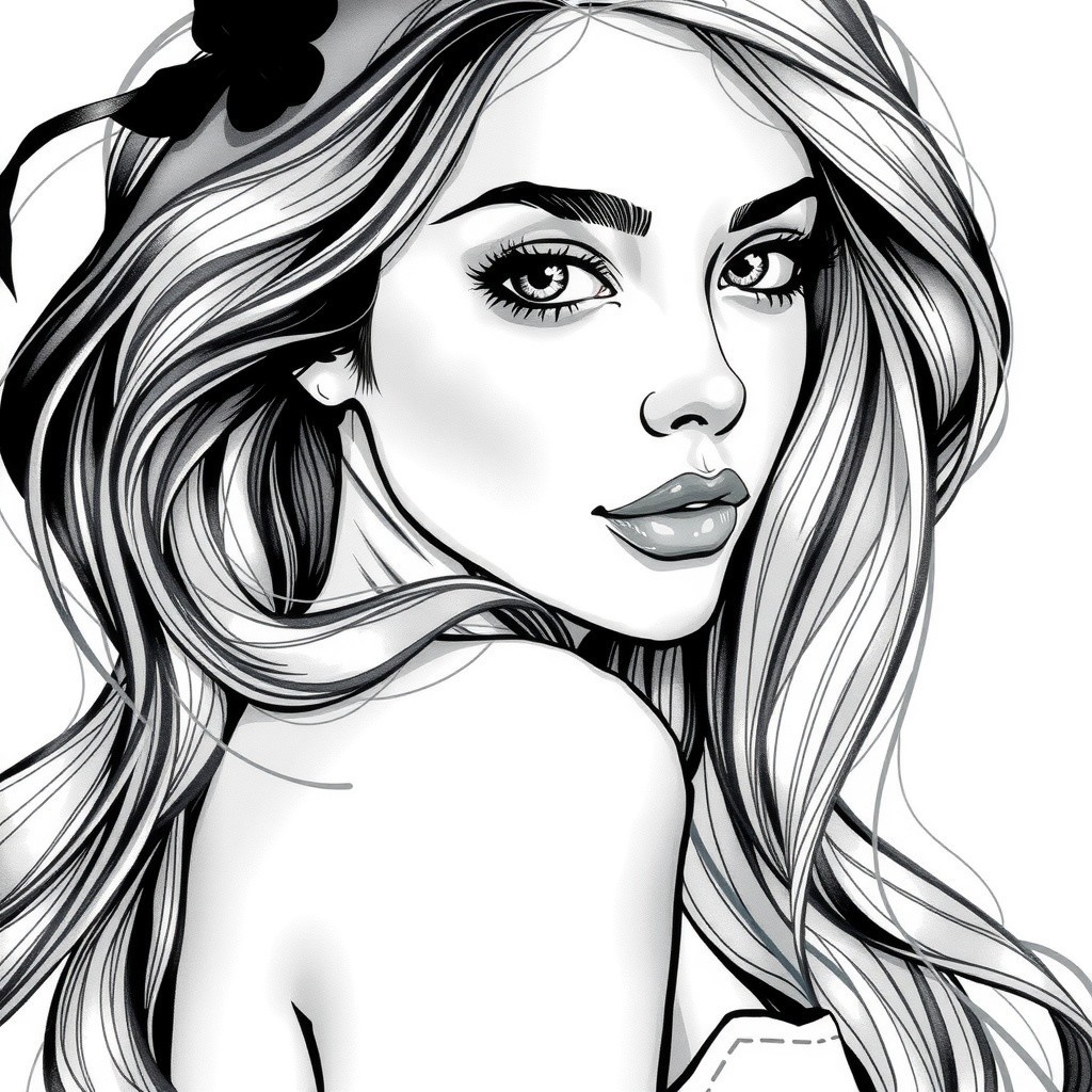 Stylized Black and White Illustration of Glamorous Woman