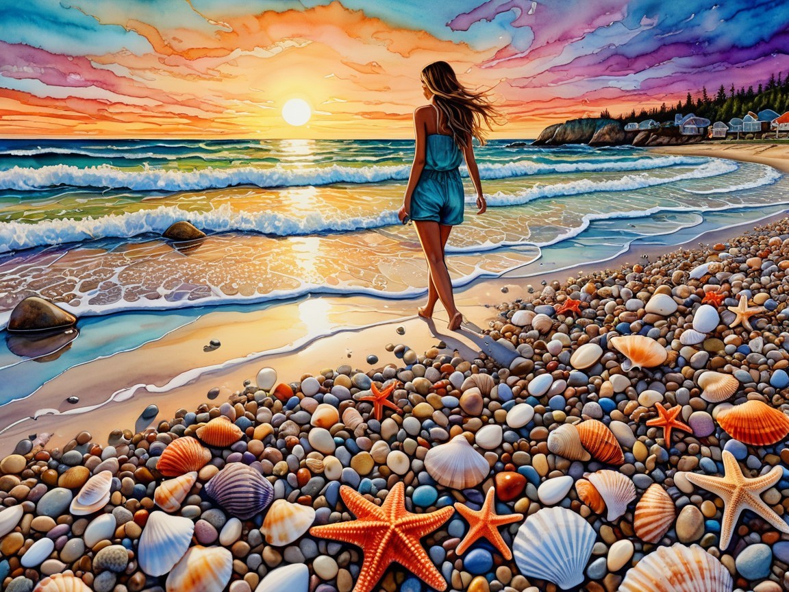Serene beach scene with sunset and colorful seashells