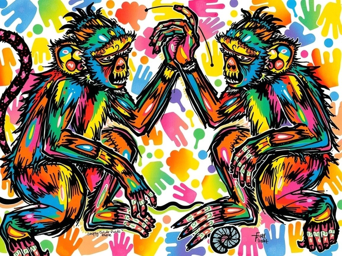 Vibrant Cartoon Monkeys with Colorful Handprints