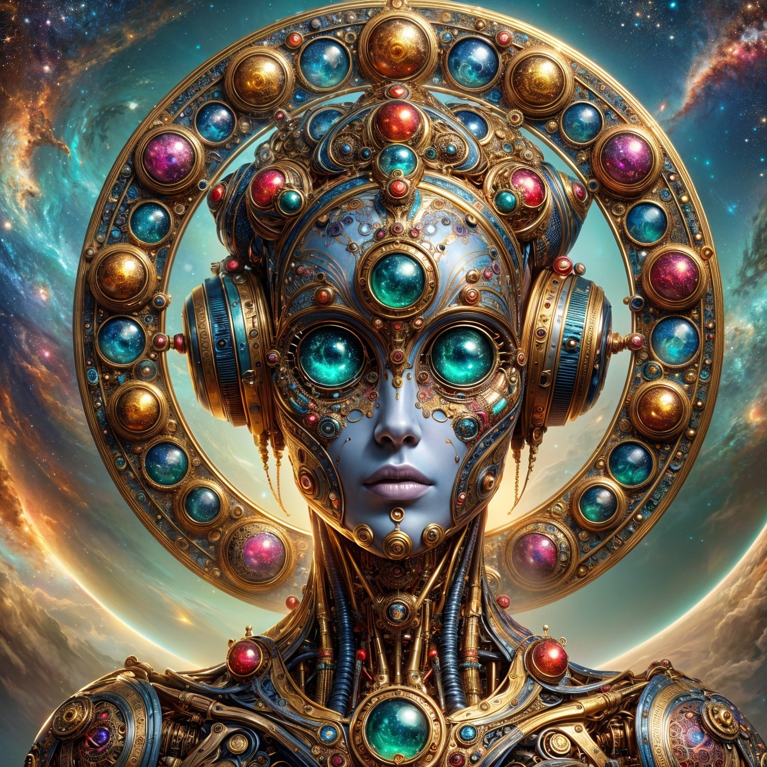Futuristic humanoid figure with cosmic background details