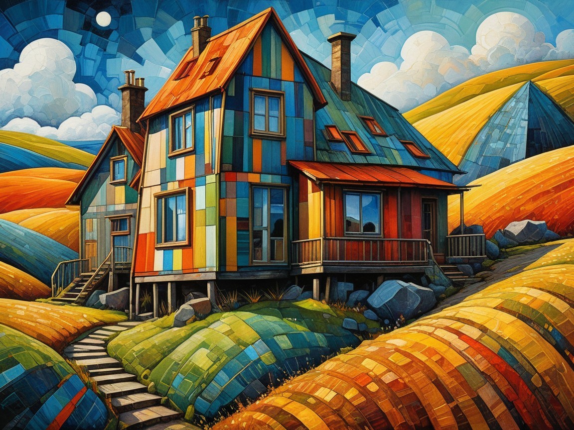 Colorful House Surrounded by Rolling Hills and Fields