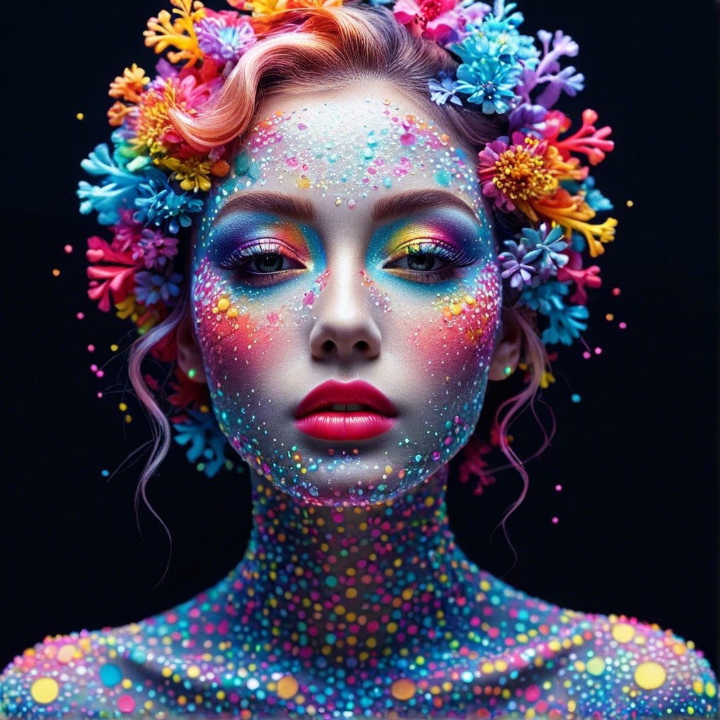 Portrait of a Woman with Colorful Body Paint and Flowers