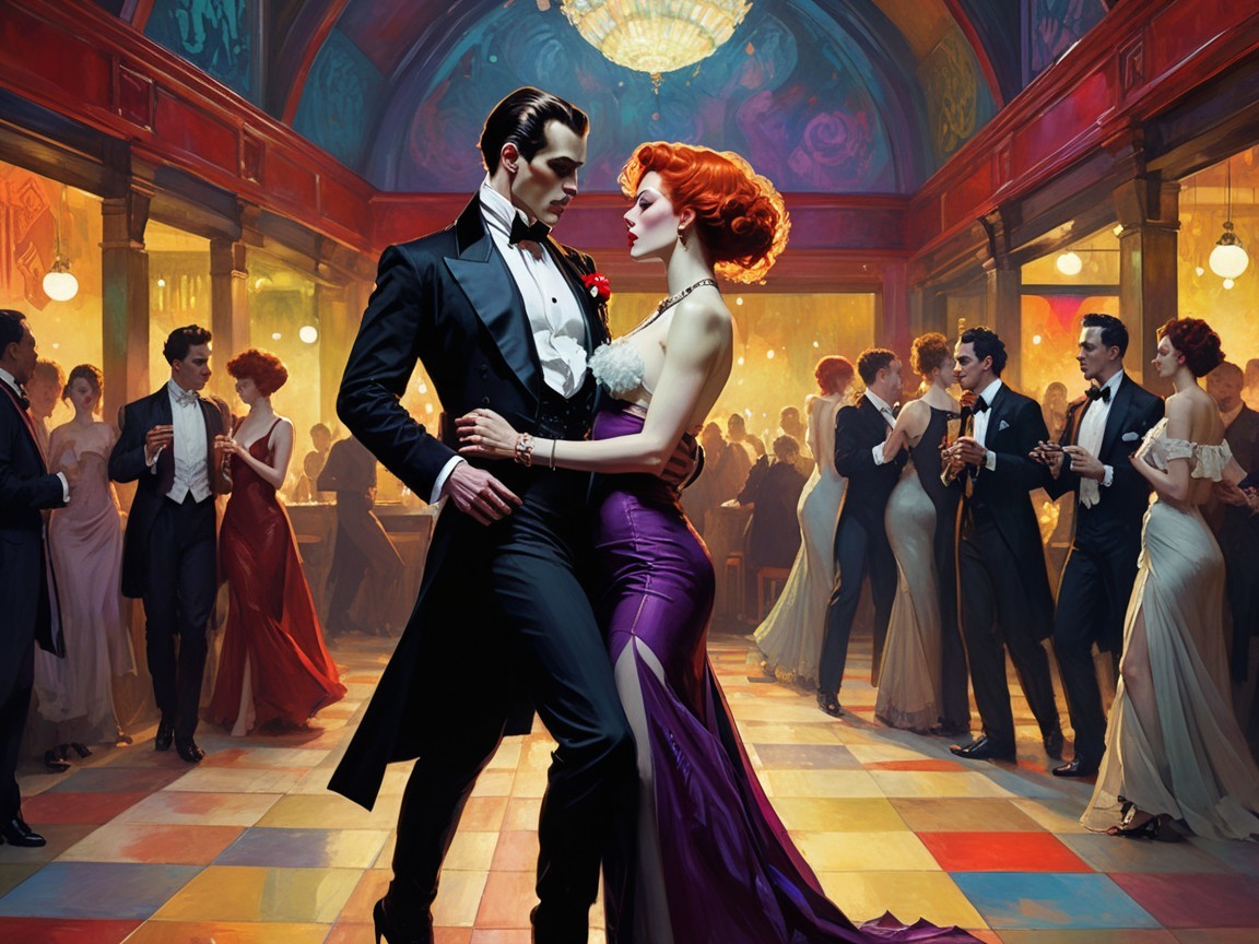 Couple Dancing in Elegant Grand Hall with Lively Crowd