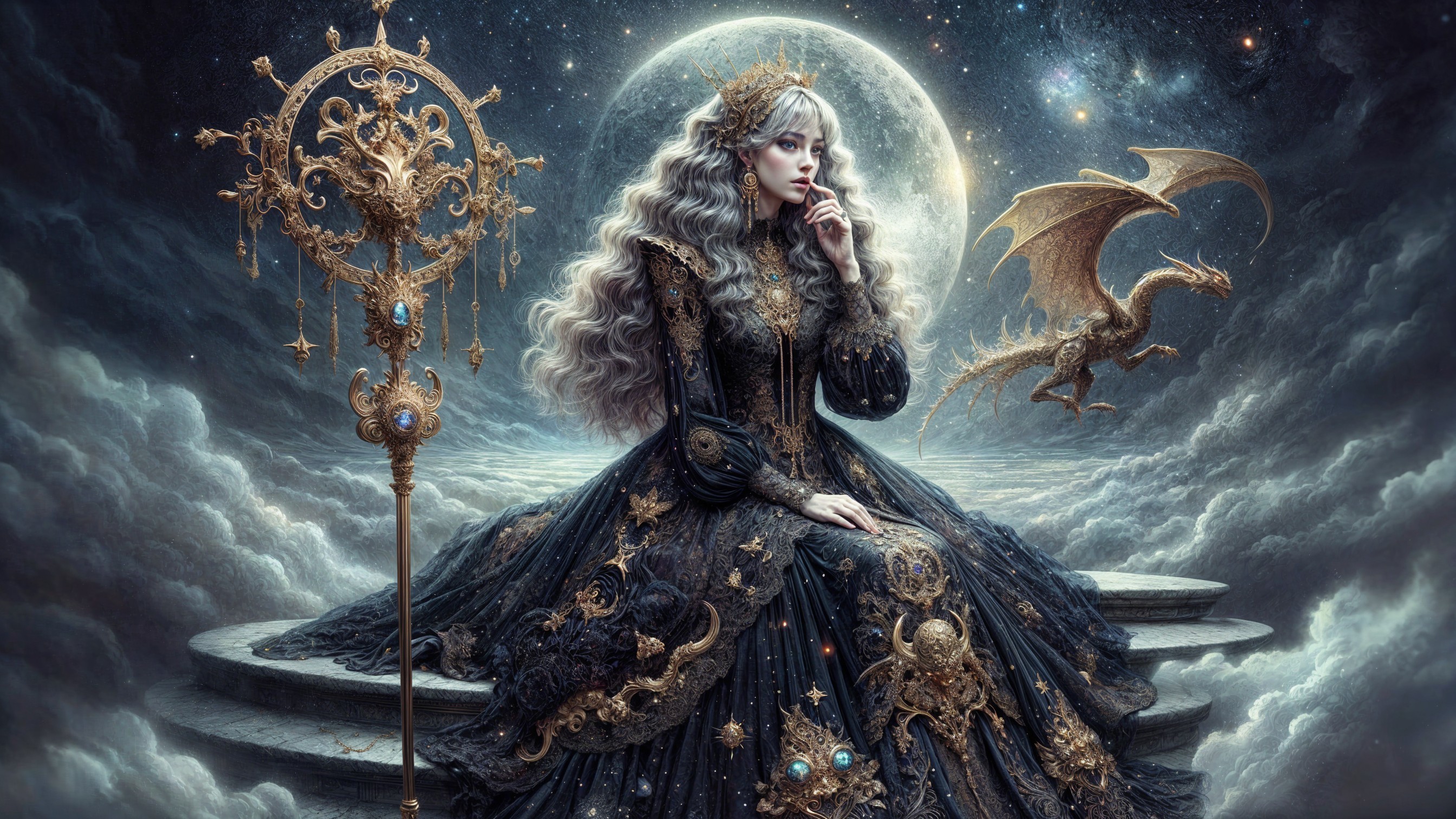 Regal Woman in Dark Gown with Dragon and Moon