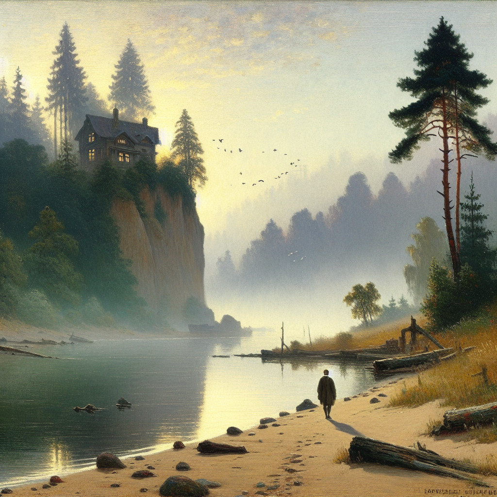 Tranquil River Landscape with Lush Trees and House