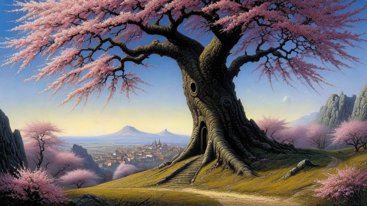 Ancient Tree with Pink Blossoms in Serene Landscape