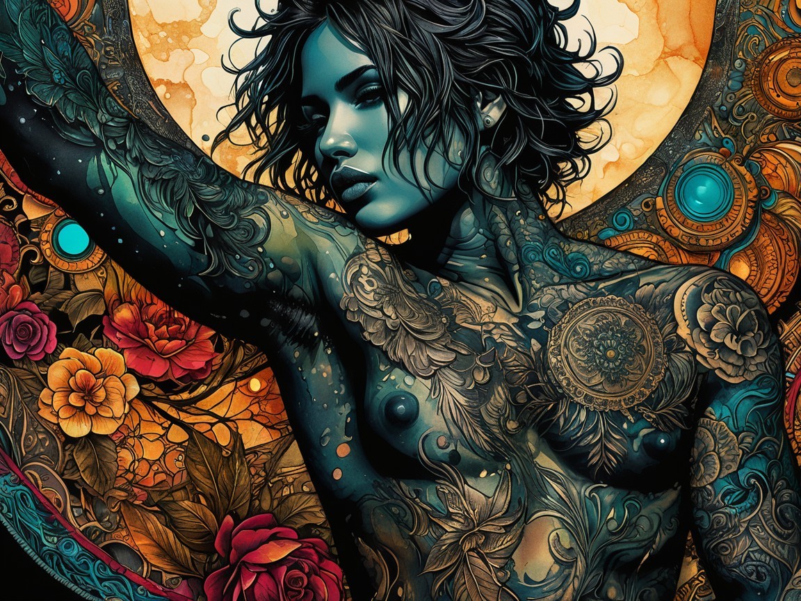 Intricate Female Figure with Floral Tattoos and Blue Skin