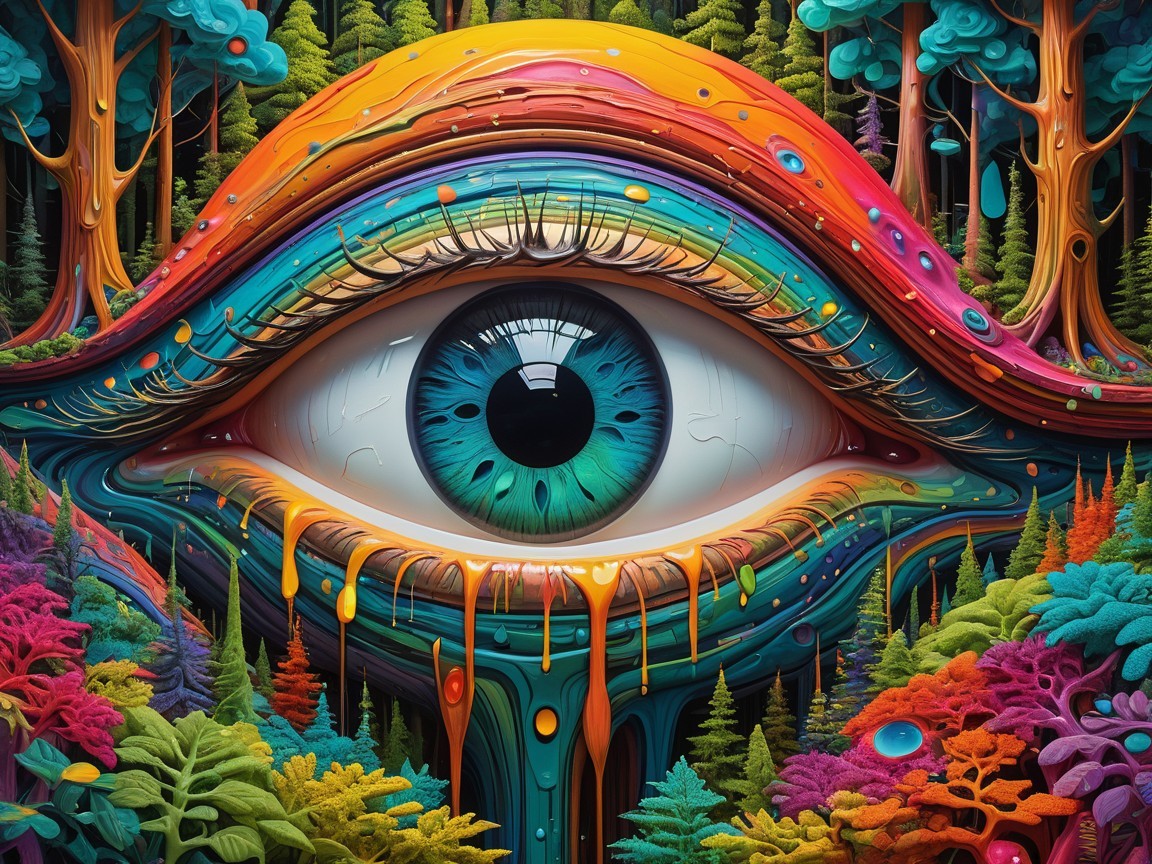 Surreal Artwork of Colorful Eye in Lush Forest